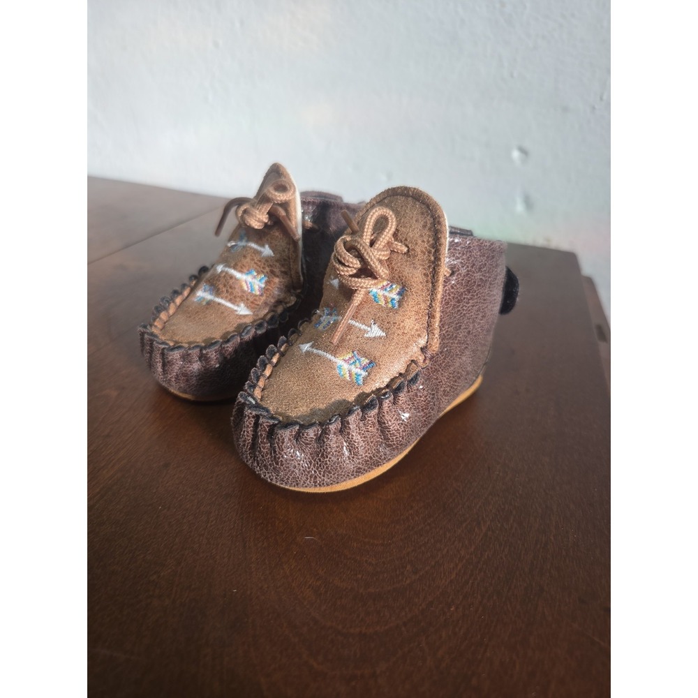 Old West Infant Sz 3 Arrow Moc Ankle Boot Shoes Brown Velcroe